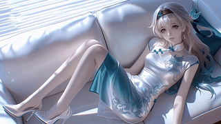 银发旗袍少女慵懒卧沙发