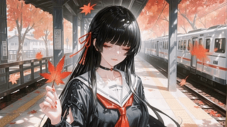 秋日站台的少女