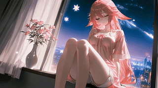 夜色窗边粉发少女