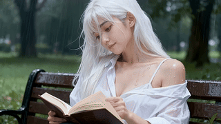 雨中白发少女闲读