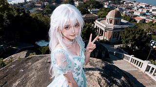 白发少女的海滨留影