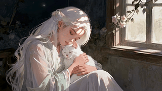 窗边暖光少女与白猫