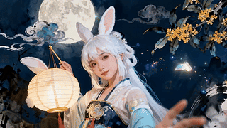 中秋月夜提兔灯的古风少女