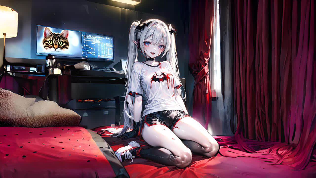 动漫女孩 血腥 坐着 房间 屏幕中的猫