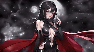 动漫女孩 月亮 黑色头发 黑色衣服