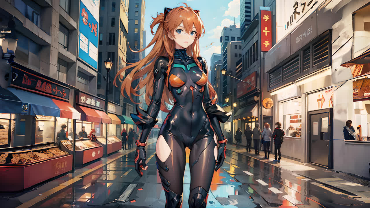 明日香 穿着紧身衣在街头，来自 Neon Genesis Evangelion