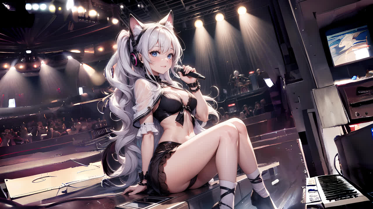 动漫女孩，慵懒地坐着，带着猫耳朵
