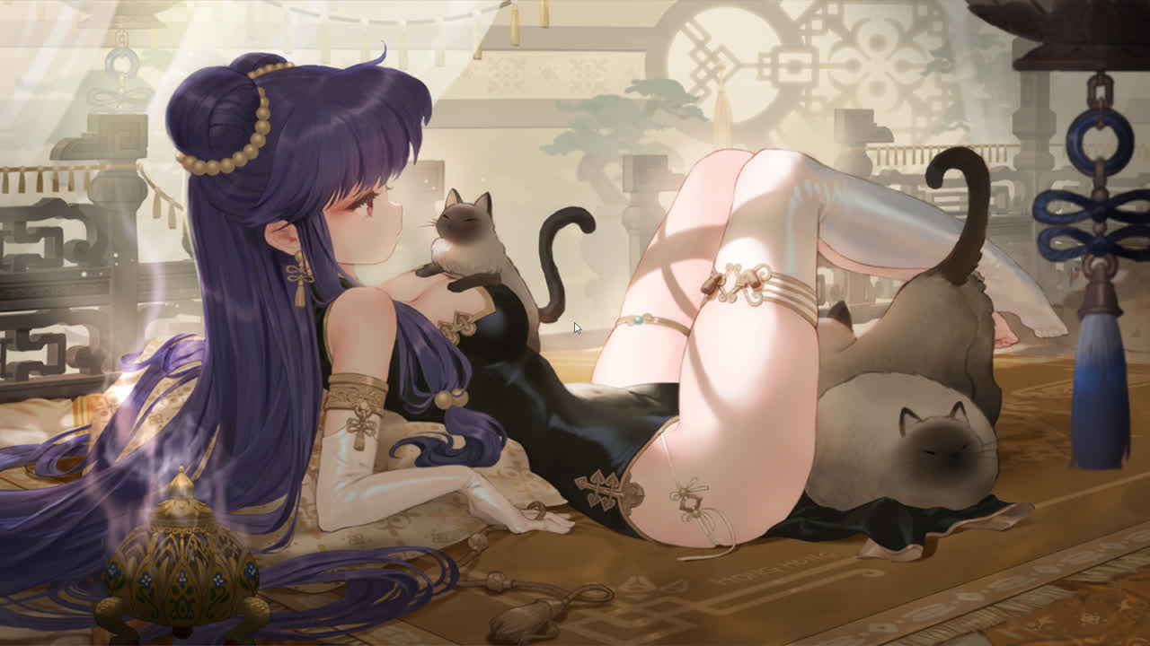 穿着日本传统服饰的动漫女孩与猫咪