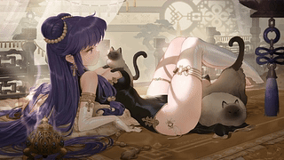 穿着日本传统服饰的动漫女孩与猫咪