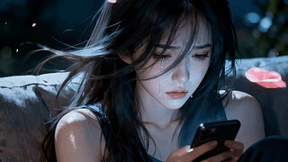 夜灯下落泪的长发少女