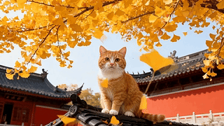 秋日银杏下的橘猫