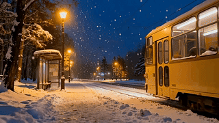 冬夜雪天的黄色电车