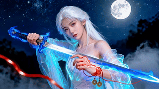 月夜白发持剑少女