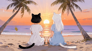 沙滩日落双人猫耳少女