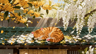 屋檐花下酣睡的橘猫