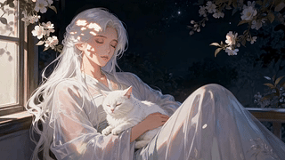 花影月下少女与白猫