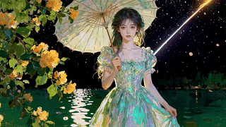 星空水岸撑伞少女