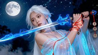 月夜白发持剑侠女