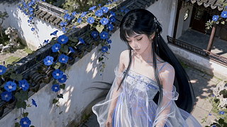 古院蓝花旁的温婉少女