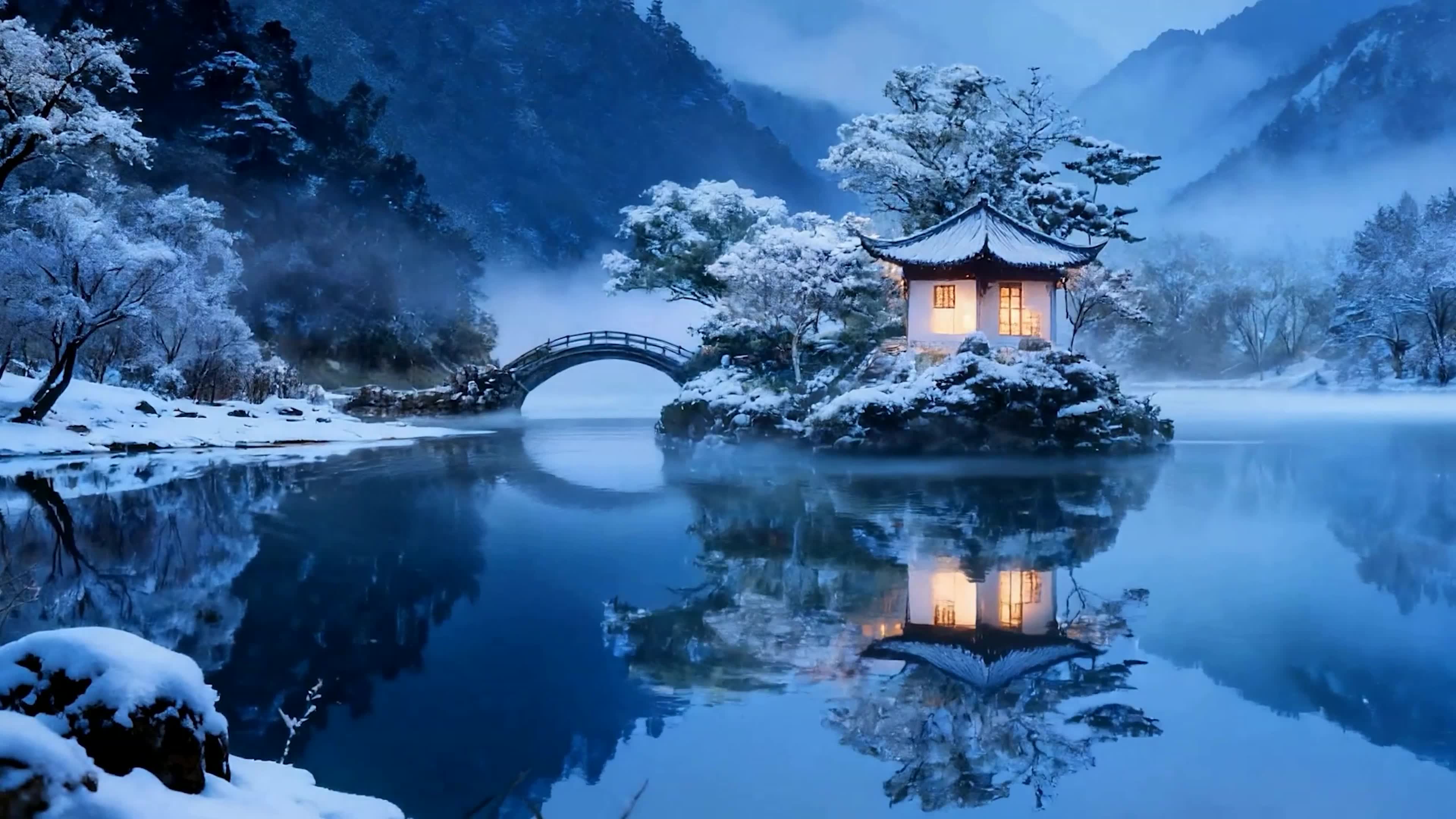 夜景雪景湖面