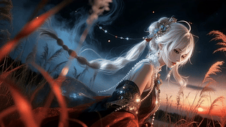 暮色芦苇间的白发少女