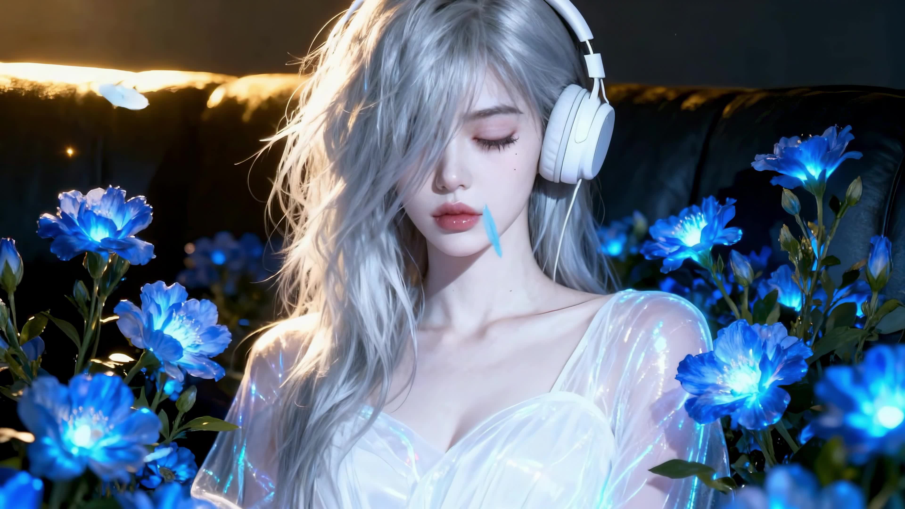 蓝花环绕的银发少女