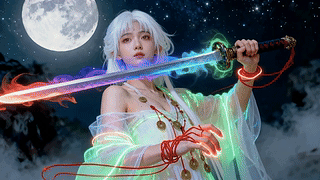 月夜白发持剑少女