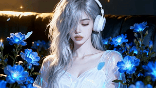 蓝花环绕的银发少女