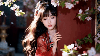 红墙花下汉服少女