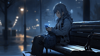 独自一人在雨中坐在长椅上的动漫女孩