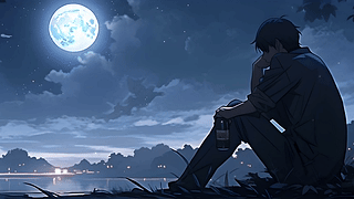 动漫男子夜晚坐在湖边