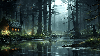 魔法森林中靠近池塘的小屋