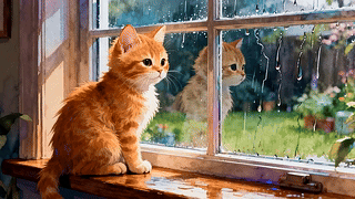 猫咪望着外面下雨