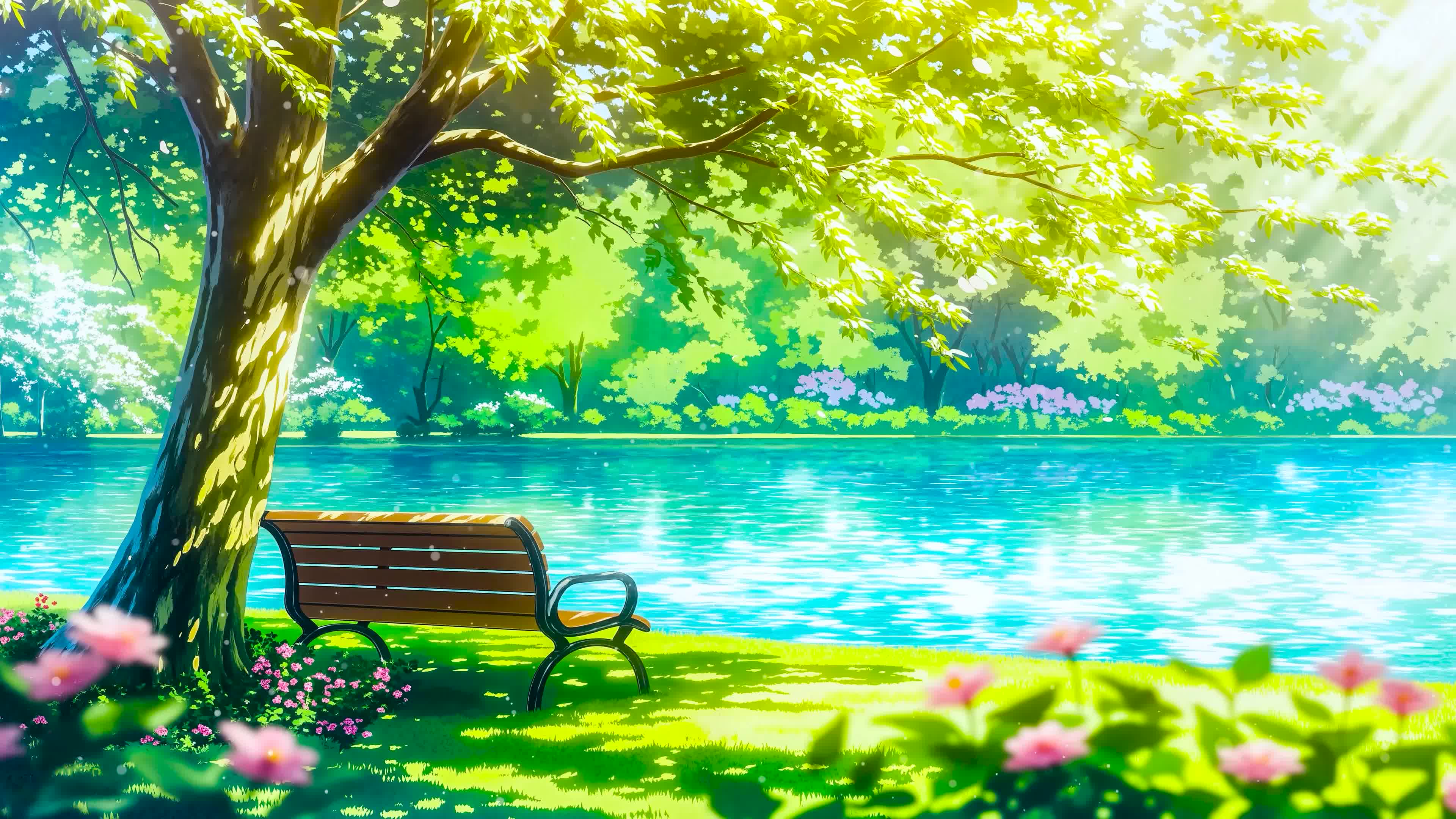 夏日湖边树下长椅