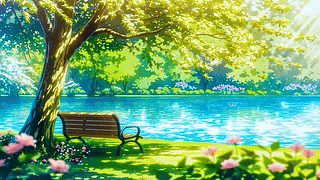 夏日湖边树下长椅
