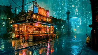未来城市雨天街边小店
