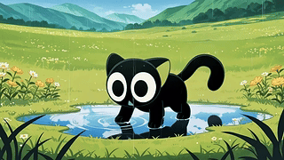 郊野水坑嬉戏小黑猫