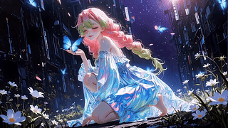 蓝蝶环绕的夜巷少女