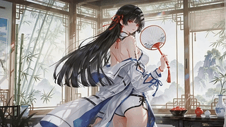 中式轩窗持扇少女