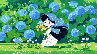 绣球花田的抱花少女
