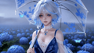 雨落绣球花田的蓝裙少女