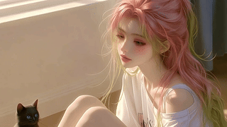 暖阳下的粉发少女与黑猫