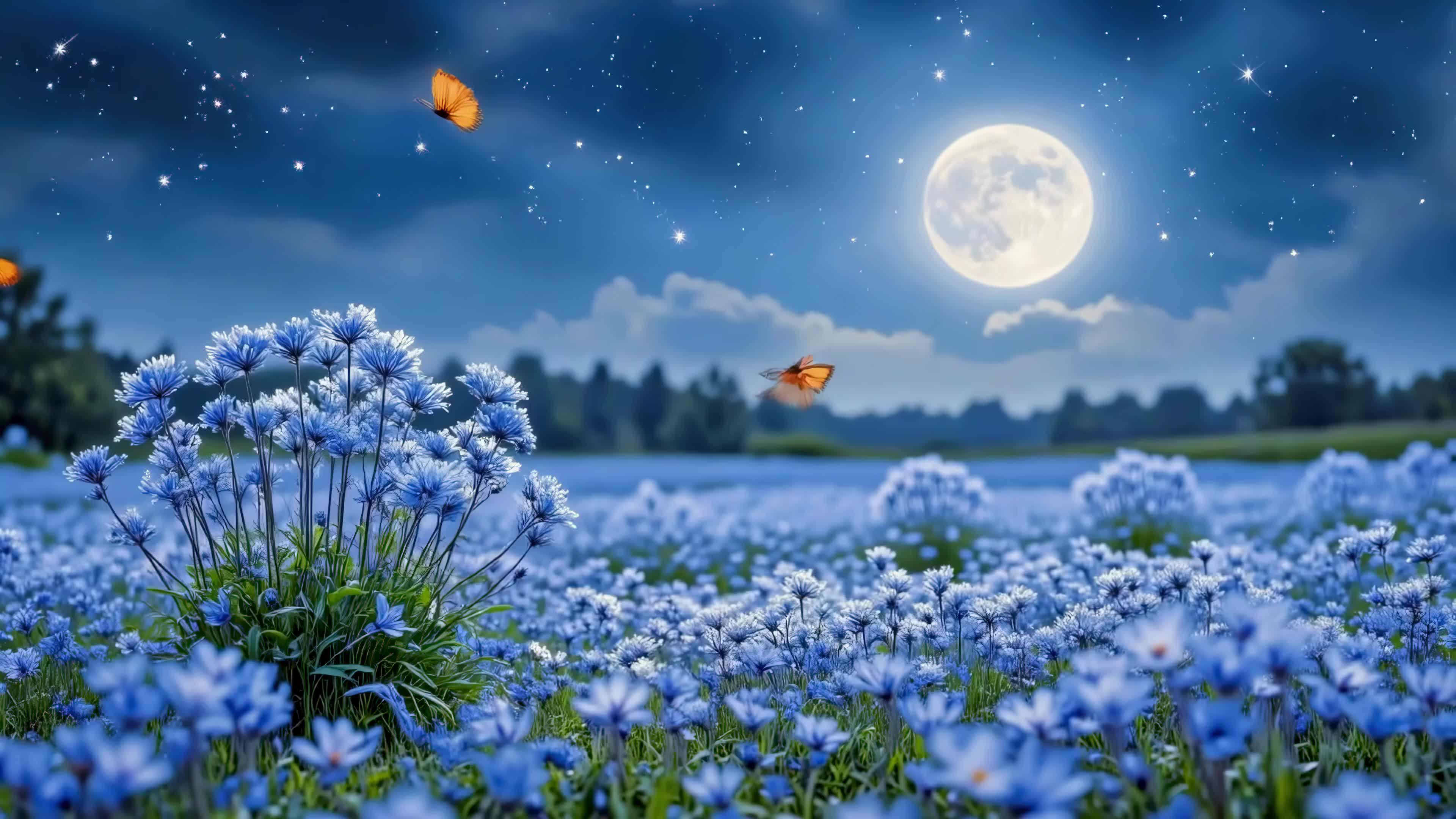 月夜星空蓝花田