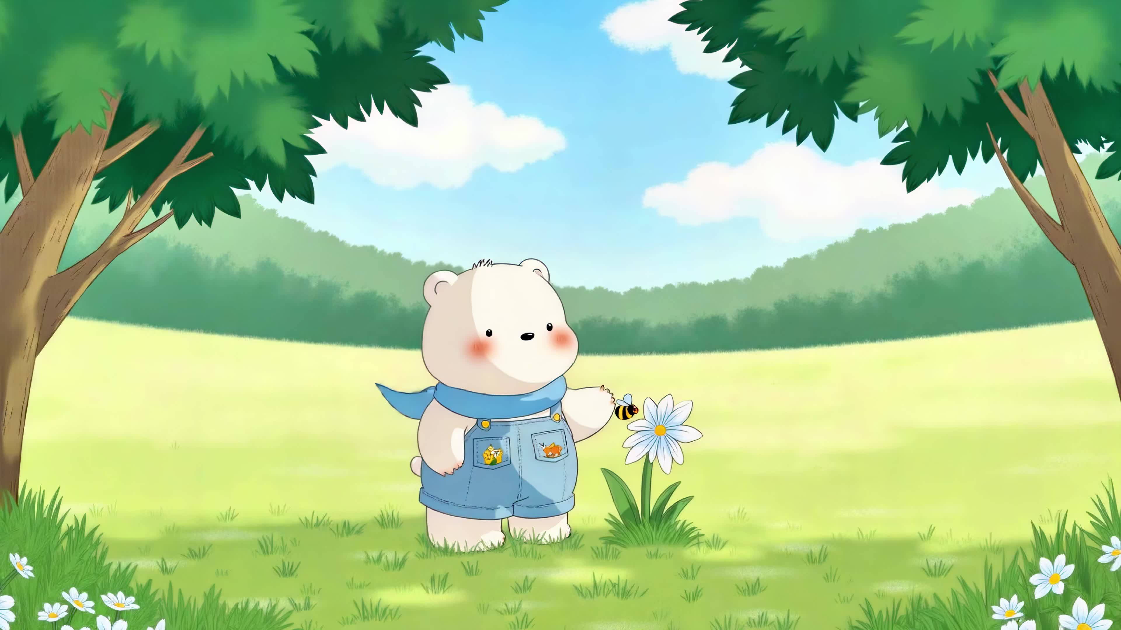 清新草地可爱小白熊