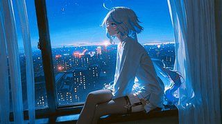 蓝调暮色窗边少女