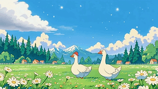 晴空花野白鹅闲步