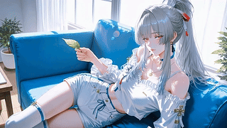 窗边沙发上的银发少女
