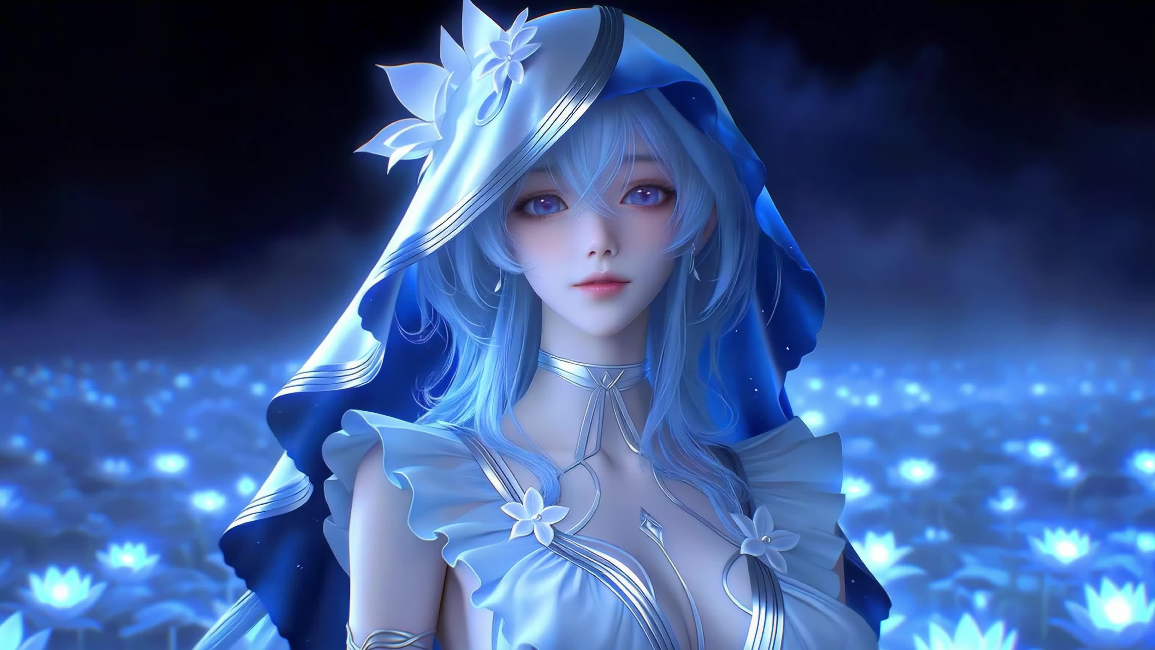 幽蓝花海银发少女