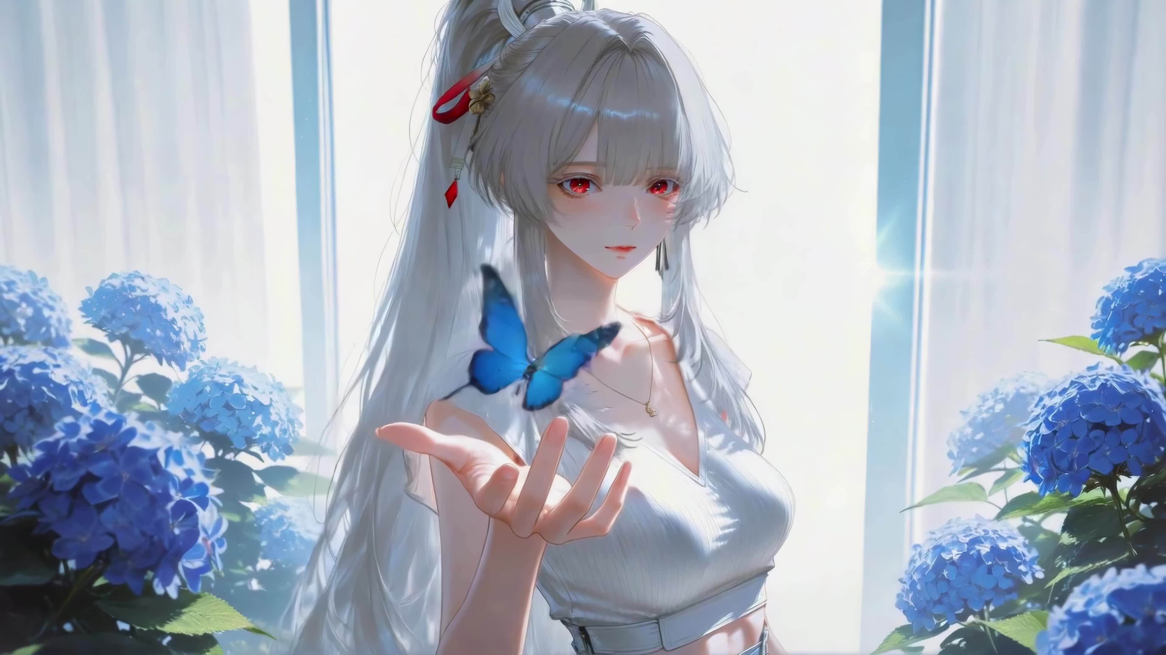 窗边蓝花与银发少女