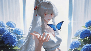 窗边蓝花与银发少女
